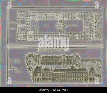 Ein architektonischer Entwurf zeigt ein detailliertes Layout eines großen Gebäudes, wobei eine elegante Fassade und das umliegende Gelände hervorgehoben werden, wobei Symmetrie und komplizierte Designelemente betont werden., Prosp. Vom Stadthaus von Lyon, Grundriss und Blick auf das Rathaus von Lyon, Abb. 29, fünfter Teil, nach S. 10, Martin Zeiller: Topographia Galliae, oder, Beschreibung und Contrafaitung der vornehmbsten und Dohmbsten Oerter in dem mächtigen und großen Königreich Franckreich: Beedes auss eygner Erfahrung und den besten und Dohmbtesten Scribenten so in underschiedlichen Spraachen davon aussgangen seyn auch Stockfoto