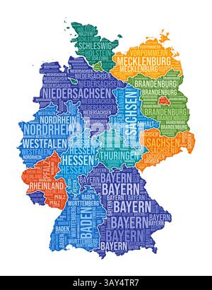 Deutschland Form. Country Wortwolke mit Bereichsbereich. Farbige Abbildung in Deutschland. Bereichsnamen Cloud. Vektorabbildung. Stock Vektor