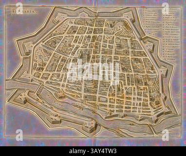 Eine detaillierte Karte einer Stadt mit einem komplexen Layout von Straßen, Gebäuden und Strukturen, hervorgehoben mit künstlerischen Verzierungen. Die Grenzen sind mit kunstvollen Designelementen verziert, die zur historischen Ästhetik der Stadtdarstellung beitragen., Ferraria, Karte von Ferrara (Italien), Abb. 44, S. 200, 1640, Martin Zeiller: Itinerarium Italiae nov-antiquae oder Raiss-Beschreibung durch Italien: Darinn nicht allein viel underschiedlicher Weg durch das Welschland selbsten [...]. Frankfurt am Mayn: In Verlegung Matthaei Merians, M.DC.XL. [1640], Klassische Kunst mit modernem Twist neu interpretiert von Stockfoto