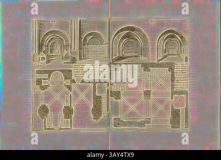 Ein detailliertes architektonisches Layout mit einer Reihe von Bögen, geometrischen Formen und komplizierten Strukturen, die die Komplexität und Eleganz des Designs hervorheben., Plan und besondere Erhebung der Gottifredo-Kapelle unter dem Kalvarienberg ... Plan und Erhebung des S. monte Clavario G. Wo war unser Herr Kruzifix ..., Golgatha-Kapellen und Kapellen der Kirche des Heiligen Grabes in Jerusalem, Abb. 20, 27, 28, 29, 30, S. 40, Amico, Bernardino (Inv.); Tempesta, Antonio (sc.), 1591: Bernardino Amico da Gallipoli: Trattato delle Piante & Immagini de Sacri Edifizi di Terra Santa Disease Stockfoto