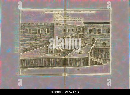 Eine historische architektonische Illustration, die eine Reihe miteinander verbundener Gebäude mit Bögen, Innenhöfen und detaillierten Fassaden zeigt. Das Layout deutet auf eine strukturierte Umgebung hin, möglicherweise eine zivile oder institutionelle Stätte, die durch beschriftete Abschnitte ergänzt wird, die verschiedene Komponenten anzeigen., Palast von Pilatus, wo der erste Teil der Via dolorosa geboren wurde, das ist der Weg der Kreuzfahrt, Schloss Antonia in Jerusalem, 1. Station der Via Dolorosa nach Bernardino Amico, Abb. 11, 18, nach S. 24, Amico, Bernardino (Inv.); Tempesta, Antonio (sc.), 1591, Bernardino Amico da Gallipoli: Trattato delle Stockfoto