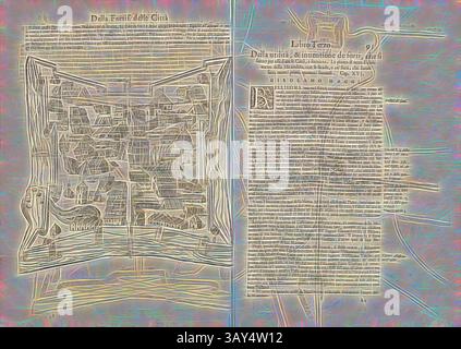 Eine komplizierte Karte, die ein historisches Stadtbild darstellt, begleitet von Texten, die Aspekte der Stadtgestaltung und -Organisation beschreiben. Die Illustration zeigt architektonische Elemente, Straßen und umgebende Landschaften, die eine reiche Erzählung der Entwicklung und Bedeutung der Stadt suggerieren., Festung einer europäischen Stadt, 16. Jahrhundert, 17. Jahrhundert, Gravur, girolamo maggi, klassische Kunst mit modernem Touch, neu interpretiert von Artotop Stockfoto
