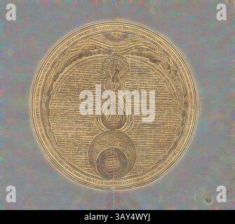 Ein kompliziertes kreisförmiges Design zeigt eine zentrale Kugel, umgeben von wirbelnden Linien und kunstvollen Mustern, die ein Gefühl kosmischer Harmonie und philosophischer Tiefe weckt. Text umgibt die Bildsprache und deutet auf Themen der Einheit und Erleuchtung hin., Riss up, Illustration der Tabelle der REBIS aus Heinrich Khunraths 'Amphitheatrum sapientiae aeternae' aus dem 17. Jahrhundert, TAF. 6, S. 19 vom 1609, Heinrich Khunrath: Amphitheatrum sapientiae aeternae, solius verae, christiano-kabalisticum, divino-magicum, nec non physico-chymicum, Tertriunum, Katholikon, klassische Kunst mit einem modernen Twist, neu interpretiert von Stockfoto