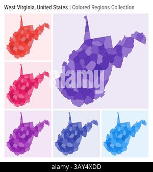 West Virginia, Usa. Kartensammlung. Statusform. Farbige Bezirke. Dunkelviolett, Rot, Rosa, Lila, Indigo, blaue Farbpaletten. Stock Vektor