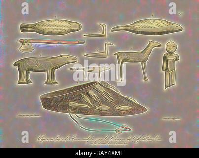 Eine Sammlung von stilisierten Artefakten mit verschiedenen Tierfiguren, Werkzeugen und einer menschlichen Figur, alle aufwändig gestaltet und mit künstlerischem Flair arrangiert. Zu den Elementen gehören Darstellungen eines Fisches, einer Robbe, eines Vogels, eines Hirsches und einer Person, neben Gegenständen, die auf historische oder kulturelle Bedeutung hinweisen., Morsezahnobjekte, die von den Bewohnern des Golfs von Kotzebue geschnitzt wurden, Objekte, die von Bewohnern des Kotzebue Sound aus Walroßzähnen geschnitzt wurden, signiert: dess., et Lith. Par Chorus; lith., Par Langlumé, Abb. 5, nach S. 20, S. 85, Choris, Louis (dess.; lith.); Langlumé, Joseph (lith.), 1822 Stockfoto