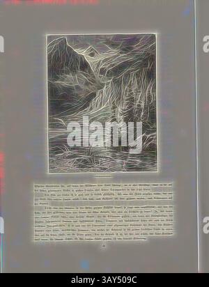 Eine ruhige Landschaft mit zerklüfteten Bergen und einem ruhigen See, umgeben von komplizierten Laubtexturen. Unterhalb des Bildes stellt ein Textblock den Kontext dar, der der Szene Tiefe verleiht., Seealpsee, Blick über den Seealpsee, zum 19. Jahrhundert Säntis, signiert: E. Heyn; E. G, Abb. 67, S. 80, Heyn, Ernst; E. G., Woldemar Kaden: das Schweizerland: eine Sommerfahrt durch Gebirg und Thal. Stuttgart: Engelhorn, 1875, Klassische Kunst mit modernem Twist neu interpretiert von Artotop Stockfoto