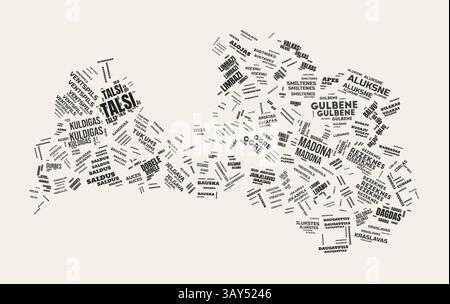Lettland Word Cloud. Land mit Geschäftsbereich Regionen. Lettland typographischer Text Wolken Vektor-Bild-Design. Landschaftbild im Vintage gazette-Stil. Stock Vektor