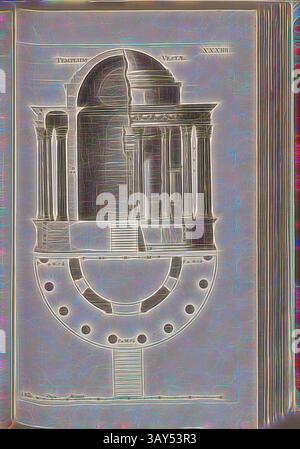 Eine komplizierte architektonische Illustration zeigt eine tempelartige Struktur mit einer zentralen Kuppel, umgeben von Säulen und aufwendigen Treppenaufgängen, die alle in einem runden Sockel mit kleineren Kreisen angeordnet sind. Das Design zeigt detaillierte Linien und eine elegante Komposition, die ein Gefühl klassischer Pracht weckt. Tempel der Vesta, Tempel der Vesta (Tivoli) in Rom, Abb. 49, XXXIIII, nach S. 30, Offizin Endter Nürnberg (imp.), 1775, Joachim von Sandrart:Teutsche Academie der Bau- Bildhauer- und Maler-Kunst: Worinn die Regeln und Lehrsätze dieser Künste gegeben, nicht weniger zu mehreren Erläuterungen die Stockfoto