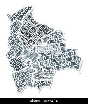 Bolivianische Form Textwolke. Ländergrenze mit Schatten auf weißem Hintergrund. Bolivien mit regionaler Aufteilung im Vintage gazette Stil. Stock Vektor