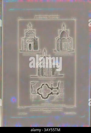 Eine detaillierte Illustration zeigt verschiedene Entwürfe römischer Architektur, mit unterschiedlichen Gebäudeformen und -Strukturen, jede mit einzigartigen Kuppeln und Layout-Konfigurationen. Die oberen Ecken heben zwei verschiedene Stile hervor, während die Unterseite einen komplizierten Grundriss zeigt., Kapelle der Ste. Montmajour Cross bei Arles, Sainte-Croix Kapelle der Montmajour Abbey bei Arles, signiert: H. Revoil del, A. Guillaumot, A. Morel éditeur, Abb. 20, Pl. VI, nach S. 50, Revoil, Henry (del.); Guillaumot, Auguste Alexandre (sc.); Morel, A. (éditeur), Henry Revoil: Architecture romane du Midi de la France Stockfoto