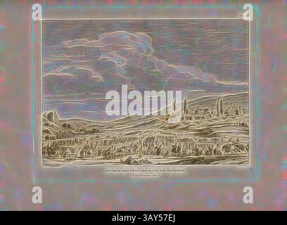 Eine ruhige Landschaft mit sanften Hügeln, weit entfernten Gipfeln und einem dramatischen Himmel, die eine Mischung aus natürlicher Schönheit und komplizierten Details zeigt., Eintritt der Franzosen in Piemont, das 20 Frimaire, Jahr 7., französische Truppen marschieren am 6. Dezember 1798 im Piemont, signiert: Duplessi-Bertaux inv. Et del, Desaulx Sculp, Abb. 70, nein 137, nach S. 552 (Cent trente-septième tableau), Duplessi-Bertaux, Jean (Inv. Et del.); Desaulx, Jean (sc.), Collection complète des tableaux historiques de la Révolution francaise en trois Bände [...]. Bd. 2. A Paris: chez Auber, Herausgeber, et seul Propriétaire: De l' Stockfoto