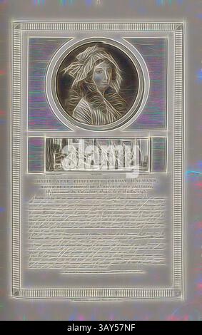 Eine künstlerische Darstellung mit einem zentralen Porträt einer Frau mit einem Kopfschmuck, umgeben von komplizierten Grenzen und handgeschriebenen Texten, die ein Gefühl von Eleganz und Geschichte vermitteln. Marie Anne Charlotte Corday d'Armans, gebürtig aus der Pfarrei St. Saturnin des Lignerets, Departement Calvados, urteilt am 17. Juli 1793, Porträt von Marie Anne Charlotte Corday d'Armon und Marats Ermordung, signiert: Le vachez sculp, Duplinessi-Bertauv. Et del, Duplessi-Bertaux Aqua forti, Abb. 29, S. 9 (provisoire Government), Levachez, Charles Francois Gabriel (sc.); Duplessi Bertaux, Jean (Inv Stockfoto