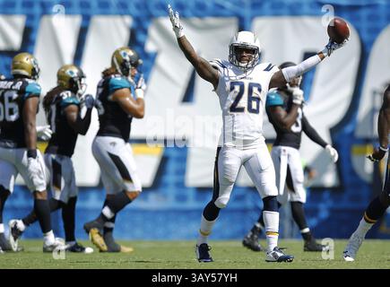 18. September 2016 – San Diego, CA, USA – Casey Hayward von San Diego Chargers feiert am Sonntag, 18. September 2016, in San Diego, Kalifornien, eine Interception im zweiten Quartal gegen die Jacksonville Jaguars (Credit Image: © K.C. Alfred/TNS via ZUMA Wire) Stockfoto