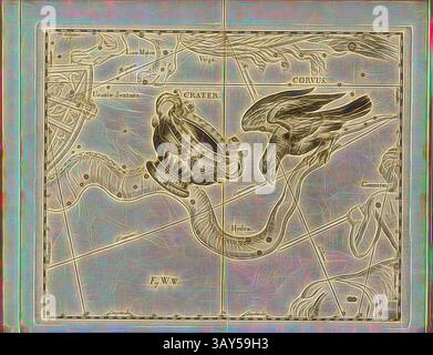 Eine detaillierte Himmelskarte zeigt verschiedene Sternbilder, darunter eine aufwändig gestaltete Urne und ein hoch fliegender Vogel, mit Etiketten, die verschiedene Sterne und Regionen des Nachthimmels bezeichnen., Crater and Joe, Map of the Constellation Cup and Raven, Abb. 49, WW, S. 21, Johannes Hevelius, Johann Ernst von Schmieden: Johannis Hevelii prodromus astronomiae, exhibens fundamenta, quae tam ad novum planè & correctiorem stellarum fixarum catalogum construendeum, quàm ad onmium planetarum tabulas corrigendas omnimodè spectant; nec non novas & correctiores tabulas solares, aliasque plurimas ad astronomiam Stockfoto