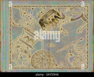 Eine Himmelskarte mit verschiedenen Sternbildern, die eine detaillierte Darstellung von Coroa Australis und anderen astrologischen Symbolen zeigt. Das Kunstwerk zeigt aufwendig gestaltete Formen und hebt mythologische Kreaturen und Elemente hervor, die mit dem Nachthimmel in Verbindung stehen., Corona Australis, Karte des Sternbildes Südkrone, Abb. 53, Abb. AAA, nach S. 21, Johannes Hevelius, Johann Ernst von Schmieden: Johannis Hevelii prodromus astronomiae, exhibens fundamenta, quae tam ad novum planè & correctiorem stellarum fixarum catalogum construendeum, quàm ad onmium planetarum tabulas corrigendas Stockfoto