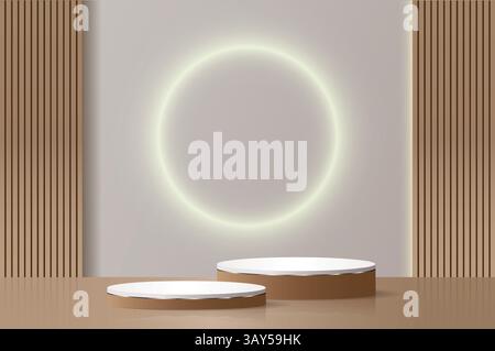 Realistisches braunes Holz und weißes 3D-Zylinderpodest mit vertikalem Holzmuster Hintergrund. Stock Vektor