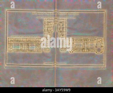 Ein detaillierter architektonischer Entwurf, der ein großes Gebäude mit weitläufigen umliegenden Einrichtungen darstellt, das komplizierte Design und räumliche Organisation zeigt. Der Grundriss besteht aus zentralen und seitlichen Abschnitten, hervorgehoben durch eine Kombination von geraden und geschwungenen Linien., Generalplan im ersten Stock des Schlosses von Versailles, Grundriss des ersten Stockwerks des Schlosses von Versailles aus dem 18. Jahrhundert, PL. 3, S. 222, Jacques-Francois Blondel: Architecture Francoise, ou Recueil des Plans, Elevations, Coupes et Profils des Eglises, Maisons Royales, Palais, Hôtel & Buildings les plus considérables de Stockfoto