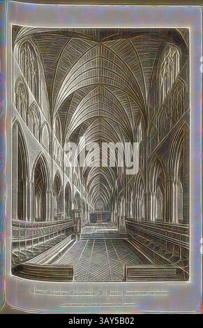 Das große, gewölbte Innere einer Kathedrale zeigt komplizierte Bögen und eine ruhige Atmosphäre, mit einer einsamen Figur, die entlang des Ganges spaziert und ein Gefühl von Frieden und Zeitlosigkeit weckt., Chor der Kathedrale von St. The Interior Prospect Paul, Chor der Old St Paul's Cathedral in London, signiert: After Hollar; graviert von W. Find; herausgegeben von Lackington & Co. Und Longman & Co., PL. XLIII, S. 108, Hollar, Wenzel (Zeichnung); Finden, W. (Kupferstich); Lackington & Co (publ.); Longman & Co. (publ.), William Dugdale, Henry Ellis: die Geschichte der Saint Paul's Cathedral in London, aus Stockfoto