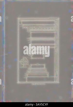 Eine abstrakte Darstellung mit einer Reihe von architektonischen Elementen, darunter dekorative Zierleisten und eine stilisierte Tür, hervorgehoben durch ein sanftes Leuchten und komplizierte Linien, die ein Gefühl von Tiefe und Dimension schaffen. Aquaduct des Hadrian. Pl. III, Hauptstadt und Basis des Aquädukts (Hadrian) in Athen, PL. IX, Suppl. XI, 1829, James Stuart, Revett Nicholas: Die Alterthümer zu Athen. Erster Theil. Leipzig und Darmstadt: Verlag von Carl Wilhelm Leske, [1829], Klassische Kunst mit modernem Twist von Artotop neu interpretiert Stockfoto