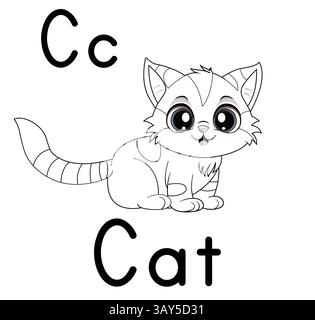 Übungsblatt zur ABC-Alphabetverfolgung. Buchstabe C für Katzenausmalseiten Stock Vektor