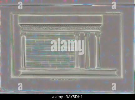 Eine stilisierte architektonische Darstellung mit einer Reihe von verzierten Säulen, die eine große Struktur stützen, gekennzeichnet durch komplizierte Details und einen mehrschichtigen Hintergrund. Tempel der Roma und Augustus. Pl. V, Höhe des Augustus-Tempels in Pula (Kroatien), PL. XI, Suppl. XVI, 1829, James Stuart, Revett Nicholas: Die Alterthümer zu Athen. Erster Theil. Leipzig und Darmstadt: Verlag von Carl Wilhelm Leske, [1829], Klassische Kunst mit modernem Twist von Artotop neu interpretiert Stockfoto