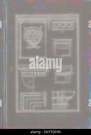 Eine Reihe von architektonischen Entwürfen mit verschiedenen ornamentalen Elementen, darunter dekorative Grenzen, Motive und ein stilisiertes Gesicht innerhalb einer gerahmten Struktur., Fragmente auf der Insel Paros, Abb. 1: Altar mit gehörntem Kopf, Abb. 2: Altar mit Rosen, Abb. 3: Dorische Hauptstadt, Abb. 4; 6: Gesimse, Abb. 5: Architrave, Pl. III, Suppl. XIX, 1829, James Stuart, Revett Nicholas: Die Alterthümer zu Athen. Erster Theil. Leipzig und Darmstadt: Verlag von Carl Wilhelm Leske, [1829], Klassische Kunst mit modernem Twist von Artotop neu interpretiert Stockfoto