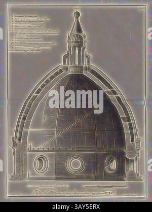 Eine aufwendig detaillierte architektonische Zeichnung mit einer großen Kuppel, komplett mit eleganten Bögen und einem unverwechselbaren Turm an der Spitze, umgeben von verschiedenen ornamentalen Elementen und Beschriftungen., Querschnitt der Kuppel der Kathedrale von Florenz, Kupferplatte 9: Taglio del Tamburo, e Cupola con sua Lanterna; Bernard, San. Sgrillius Sculp, Längsschnitt durch Tambour, Kuppel und Laterne; Filippo Brunelleschi, St. Maria, Sgrilli, Bernardo Sansone, 1733, Bernardo Sansone Sgrilli, Girolamo Ticciati, Giovanni Domenico Campiglia, Giovanni Battista Nelli, Vincenzo Franceschini Stockfoto