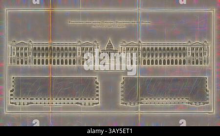 Ein detaillierter architektonischer Entwurf zeigt ein großes Gebäude mit einem zentralen dreieckigen Giebel, flankiert von einer Reihe von Bogenfenstern und weitläufigen Innenhöfen auf beiden Seiten. Das Layout hebt komplizierte Designelemente und symmetrische Strukturen hervor und unterstreicht die prächtige Präsenz des Gebäudes., Höhe zweier großer Gebäude auf dem Platz, Illustration des Place de la Concorde aus dem 18. Jahrhundert, signiert: Patte Del, PL. V, S. 124, Patte, Pierre (del.), 1765, Pierre Patte: Monumens érigés en France à la gloire de Louis XV. Paris: chez l'auteur: chez Desaint: chez Saillant, 1765 Stockfoto