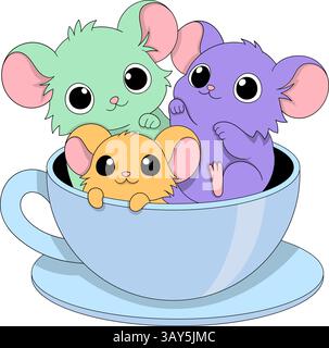 Entzückende Zeichentrickillustration von drei bunten Mäusen, die in einer blauen Teetasse sitzen. Die Mäuse sind grün Stock Vektor