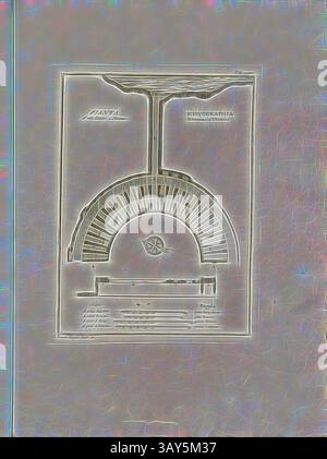 Eine komplizierte Abbildung eines mechanischen Geräts mit einer gekrümmten Struktur mit einer zentralen kreisförmigen Komponente und Schichtsegmenten. Das Design zeigt detaillierte Linien und Anmerkungen, die seine technische Bedeutung unterstreichen., Plan eines Theaters in Miseno, Grundriss des Teatro Romano di Miseno in Bacoli, signiert: Thom., Rajola Arch. Entf, Registerkarte. LXIV, Rajola, Tommaso (del.), 1768, Paolo Antonius Paoli: Avanzi delle antichita esistenti a Pozzuoli Cuma e Baja. [Neapel]: [S.n.], Anno A.C.N.MDCCLXVIII. [1768], Klassische Kunst mit modernem Twist, neu interpretiert von Artotop Stockfoto