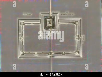 Ein stilisierter architektonischer Plan mit symmetrischem Layout, definierten Räumen und Wegen. Das Design umfasst einen zentralen Bereich, der von einer Reihe miteinander verbundener Räume umgeben ist, die eine organisierte Struktur darstellen. Vinceinnes. Der Plan des Schlosses, Grundriss des Château de Vincennes bei Paris, signiert: FD; Imp. Delatre; A. Lévy, Abb. 12, T. 1. 11., Cerceau, Jacques Androuet du (del.); Faure-Dujarric, Pierre-Lucien (sc.); Delâtre, Eugène (Imp.); Levy, A. (Hrsg.), 1868, Jacques Androuet du Cerceau; Hippolyte A. Destailleur: Les plus Excellents Bastiments de France. Paris: A. Lévy, Libraire Stockfoto