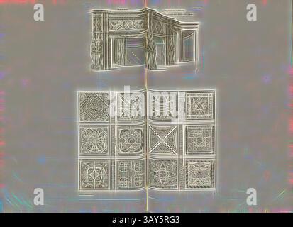 Ein kompliziertes architektonisches Design mit detaillierten Mustern und Motiven zeigt eine Vielzahl von geometrischen Formen und künstlerischen Aufblühungen. Die Anordnung umfasst sowohl eine dekorative Platte als auch eine Reihe kleinerer, verzierter quadratischer Designs, die Handwerkskunst und ästhetische Präzision hervorheben., Madril. Kaminhallen, Kamin im Château de Madrid in Bois de Boulogne in Paris, signiert: FD; Imp. Lemercier; A. Levy, Abb. 20, T. 1. 19., Cerceau, Jacques Androuet du (del.); Faure-Dujarric, Pierre-Lucien (sc.); Imprimerie Lemercier (Imp.); Levy, A. (Hrsg.), 1868, Jacques Androuet du Cerceau Stockfoto