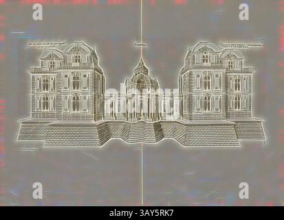 Eine detaillierte architektonische Zeichnung eines eleganten Gebäudes mit komplizierten Entwürfen und symmetrischen Merkmalen, flankiert von kunstvollen Türmen und einer großen zentralen Kuppel. Das Gebäude befindet sich auf einer erhöhten Plattform, die seine beeindruckende Größe und den klassischen Stil unterstreicht., Verneul. Außerhalb der nicht fertiggestellten Seite des Parks, Château de Verneuil-en-Halatte in Frankreich, unterzeichnet: FD; Imp. Lemercier; A. Levy, Abb. 52, T. 1. 50., Cerceau, Jacques Androuet du (del.); Faure-Dujarric, Pierre-Lucien (sc.); Imprimerie Lemercier (Imp.); Levy, A. (Hrsg.), 1868, Jacques Androuet du Cerceau Stockfoto