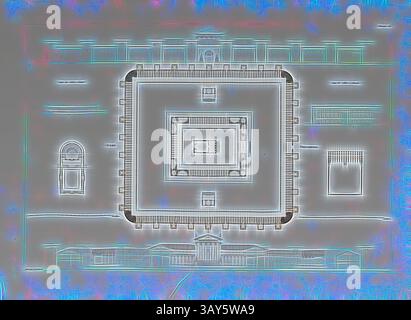 Ein Blick aus der Luft zeigt ein symmetrisches architektonisches Layout mit einem zentralen Innenhof, der von einer Reihe von Strukturen und Wegen umgeben ist. Das Design betont geometrische Formen und organisierte Muster, mit unterschiedlichen Eingängen und Terrassen rund um den Hauptbereich. Praetorian Camp, Castra praetoria in Rom, signiert: Gravé par C. Normand, PL. 26, S. 61, Normand, C. (gravé), Jean-Nicolas-Louis Durand: Recueil et parallèle des édifices de tout Genre, anciens et modern, remarquables par leur beauté, par leur grandeur ou par leur singularité, et dessinés sur une même échelle. Paris: chez l' Stockfoto