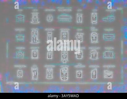 Eine Reihe stilisierter, abstrakter Darstellungen verschiedener architektonischer Strukturen mit geometrischen Formen und komplizierten Mustern, die in einem Rasterformat angeordnet sind. Jedes Design scheint einen anderen architektonischen Stil oder kulturellen Einfluss zu reflektieren., moderne Theater, verschiedene Theater, signiert: Gravé par N. Ransonnette, PL. 38, S. 85, Ransonnette, N. (gravé), Jean-Nicolas-Louis Durand: Recueil et parallèle des édifices de tout Genre, anciens et modern, remarquables par leur beauté, par leur grandeur ou par leur singularité, et dessinés sur une même échelle. Paris: chez l'auteur, 1801, Klassische Kunst Stockfoto