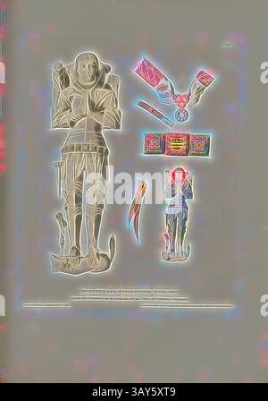 Eine Sammlung abstrakter Figuren und Artefakte mit komplizierten Designs und eckigen Formen, mit einer prominenten Statue mit überkreuzten Armen, anderen stilisierten Formen und dekorativen Elementen, die sorgfältig angeordnet sind. Die Gesamtkomposition zeigt eine Mischung aus modernen und alten künstlerischen Einflüssen. Robert Lord Hungerford. Starb 1455. Von seinem Monument auf der Südseite des Kirchenschiffs der Kathedrale von Salisbury, Tomb of Robert Lord Hungerford in der Kathedrale von Salisbury, signiert: Draw & Etched by C.A. Stothard Jun, herausgegeben von C.A. Stothard Jun, Abb. 141, 129, nach S. 98, Stothard, Charles Alfred Jun. ( Stockfoto