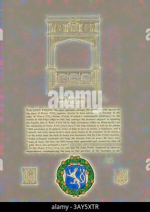 Eine historische Darstellung von Sir John Peche mit kunstvollen architektonischen Elementen oben und einer detaillierten Inschrift unten. Der Text gibt einen kurzen Überblick über seine Bedeutung, begleitet von einem dekorativen blau-goldenen Emblem, das ein stilisiertes Bild eines Vogels enthält. Sir John Peche und Wappen, Grab von Sir John Peche in der St. Botolph's Church in Lullingstone, Abb. 156, nach S. 104, Charles Alfred Stothard, Alfred John Kempe: The Monumental effigies of Great Britain: Ausgewählt aus unseren Kathedralen und Kirchen, um zusammenzubringen und korrekt zu bewahren Stockfoto