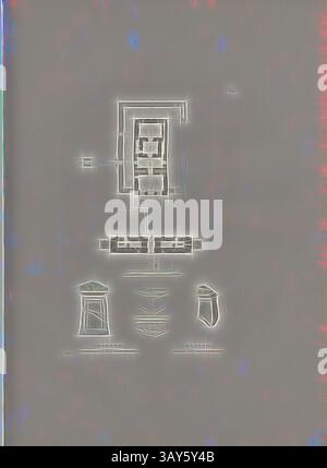 Eine Reihe komplexer geometrischer Designs mit einer zentralen Struktur, flankiert von zwei stilisierten Elementen unten. Die detaillierten Linien und Formen deuten auf architektonische oder künstlerische Konzepte hin., Dekkeh, Grundriss des Denkmals, ägyptischer Tempel von ad-Dakka, signiert: GV, pl. 37, S. 78, Gau, Franz Christian (del.), Franz Christian Gau; Barthold Georg Niebuhr: Antiquités de la Nubie: ou monumens inédits des bords du Nil, situés entre la première et la seconde cataracte: ouvrage faisant Suite au Grand ouvrage de la Commission D'Egypt; dédié au ROI. Stuttgart: aux frais de la Librairie de J. G. Cotta Stockfoto