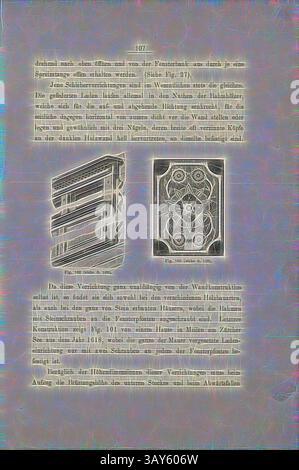 Eine detaillierte architektonische Illustration, die verschiedene strukturelle Entwürfe zeigt, darunter ein dekoratives Wandmotiv und ein stilisierter Fensterrahmen, begleitet von informativen Texten über Konstruktionstechniken und -Elemente., Rollläden 2, Rollläden mit Ornamenten, Abb. 102-103, S. 107, 1885, Ernst Gladbach: Die Holz-Architectur der Schweiz, 2. Aufl. Zürich & Leipzig: Orell Füssli, 1885, Klassische Kunst mit modernem Touch von Artotop Stockfoto