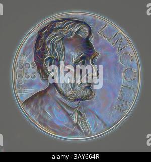 Eine detaillierte Darstellung einer Münze mit einer bekannten historischen Figur, die komplizierte Gravuren zeigt und den Text „LINCOLN“ neben einem stilisierten Porträt hervorhebt. Medallion: Lincoln Essay (Recto), Portrait of Lincoln (Verso), Bronze, 3 (Durchm.) In., Dekorative Künste, klassische Kunst mit einem modernen Touch, neu interpretiert von Artotop Stockfoto