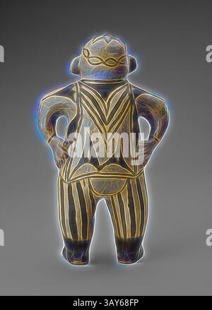 Eine stilisierte Figur mit übertriebenen Merkmalen und Mustern, selbstbewusst mit Händen auf den Hüften stehend, mit komplizierten Designs und einer unverwechselbaren, kühnen Präsenz. Figur eines Amerikaners, Cochiti People, 1890-1910, geschlitztes und gemaltes Steingut, 17 x 9-3/4 x 5-3/4 Zoll, Native Arts of the Americas, Klassische Kunst mit einem modernen Twist von Artotop neu erfunden Stockfoto