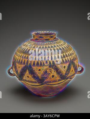 Ein aufwendig gestalteter Keramiktopf mit geometrischen Mustern und zwei Griffen, der lebendige Farben und detailgetreue Handwerkskunst zeigt. Die symmetrischen Motive spiegeln kulturelle Kunst und Tradition wider. Vorratsglas mit Dreiecksbändern, Chevron- und Punktdesign, neolithisch, neolithisch, vor dem 4. Jahrhundert v. Chr., teilweise brüniertes Steingut und Farbe, 8-5/8 x 11-1/4 x 9-1/2 Zoll, Asiatische Kunst, Klassische Kunst mit einem modernen Twist, neu interpretiert von Artotop Stockfoto