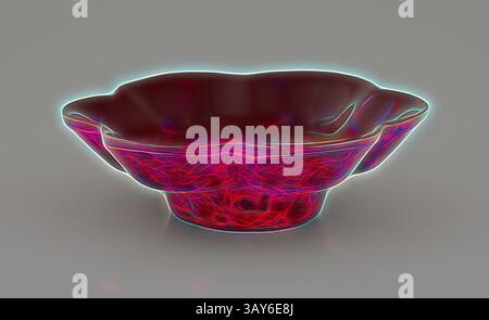 Eine dekorative Schüssel mit komplizierten, wirbelnden Mustern, beleuchtet von einer leuchtenden Kontur, die einen auffälligen Kontrast zu ihrer satten, tiefen Farbe schafft. Untertasse, rotes Glas, 4-5/8 H, asiatische Kunst, klassische Kunst mit einem modernen Touch, neu gestaltet von Artotop Stockfoto