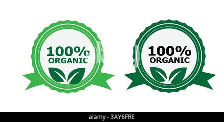 100 % organische grüne Abzeichen mit Blattmotiven und umweltfreundlichen Ribbon-Etiketten – Vektor-Design-Set Stock Vektor