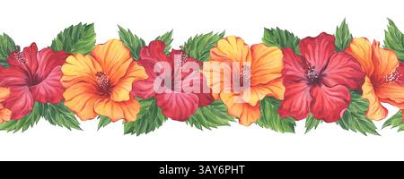 Rote und orangene Hibiskusflorandränder in Aquarelltechnik Stockfoto