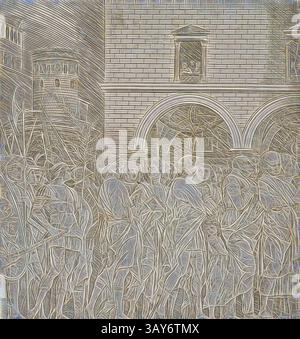 Eine geschäftige Szene voller komplizierter Linien und Muster, die eine Menge zeigt, die sich in der Nähe einer großen architektonischen Struktur mit Bögen versammelt. Aus einem Fenster blickt eine Figur hervor, während die Umgebung mit gewundenen Wegen und hoch aufragenden Gebäuden ein Gefühl von Bewegung und Aktivität schafft., The Senators - The Triumph of Julius Cäsar, School of Andrea Mantegna (italienisch, 1426-1506), 1495-1498, Gravur auf cremefarbenem Büttenpapier, 11-1/4 x 10-1/2 cm. (Bild und Blatt), Serie, der Triumph von Julius Cäsar, Klassische Kunst mit einem modernen Twist, neu interpretiert von Artotop Stockfoto
