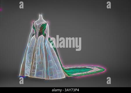 Ein atemberaubendes Kleid mit einem komplizierten Mieder und einem fließenden Zug, verziert mit komplexen Details und lebhaften Farben, die einen auffälligen visuellen Kontrast schaffen. Das Design strahlt Eleganz und Raffinesse aus und macht es zu einem Prunkstück der Modekunst. Kaiserliches russisches Hofkleid, Charles Friedrich Worth, Designer (Englisch, 1825-1895), um 1888, Seidensamt, Silber lamÃ moirÃ, bestickt mit klaren Glaskristallen, Silberpailletten, Silberfolie, Silberstreifen, A) Oberteil: Schulter bis Saum 14 cm, Taille 27 cm B) Rock: Vorne bis Saum 47 mm C) Zug: 130 x 60 cm, Label: Paris, C WORTH, Paris Stockfoto