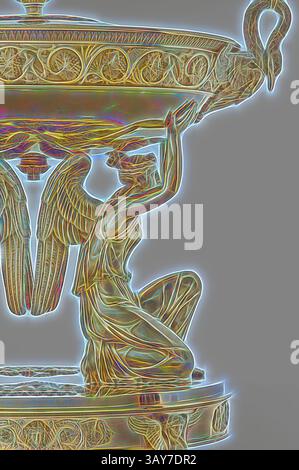 Eine detailgetreue Skulptur zeigt eine geflügelte Figur, die ein wunderschön verziertes Becken trägt, mit komplizierten Designs und einem anmutigen Schwanenmotiv, das eine Mischung aus Stärke und Eleganz zeigt. Suppe, Cover und Liner vom Branicki Service, Jean-Baptiste-Claude Odiot (Französisch, 1763-1850), Pierre-Paul Prud'Hon, Designer (Französisch, Französisch, 1758-1823), Adrien-Louis-Marie Cavelier, Designer (Französisch, 1785-1867), 1819, vergoldetes Silber, 21-1/16 x 28-5/8 x 10-3/8 Zoll, Garantie (Steuer) für die Jahre 1809-1819 und 1819-1838 Herstellermarken für Jean-Baptiste-Claude Odiot erste Titel (Assay) Marken (950/1000 Teile davon Stockfoto