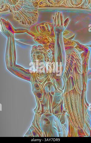 Eine auffällige Darstellung einer Figur, die eine große Schüssel hoch hält, zeigt komplizierte Details der Kleidung und des Ausdrucks der Figur, umgeben von einer Aura ätherischer Farben, die die dynamische Pose und das festliche Thema unterstreichen. Die ausgestreckten Arme und die entschlossene Haltung der Figur vermitteln Stärke und Anmut. Suppe, Cover und Liner vom Branicki Service, Jean-Baptiste-Claude Odiot (Französisch, 1763-1850), Pierre-Paul Prud'Hon, Designer (Französisch, Französisch, 1758-1823), Adrien-Louis-Marie Cavelier, Designer (Französisch, 1785-1867), 1819, vergoldetes Silber, 21-1/16 x 28-5/8 x 10-3/8 Zoll, Garantiemarken (Steuer) für Stockfoto