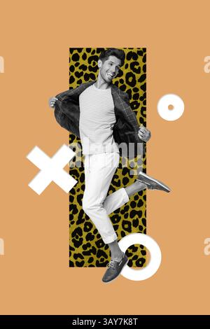 Bildplakatcollage einer Person auf orangenem Hintergrund mit Geometriefiguren Stockfoto